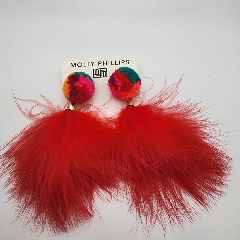 NWT Molly Phillips Multicolored Pom Pom & Red Feather Earrings